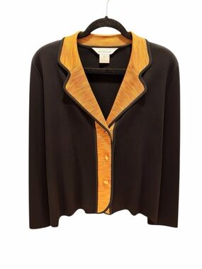 Vintage Misook Black Orange Multicolor Trim Knit Jacket Cardigan XL